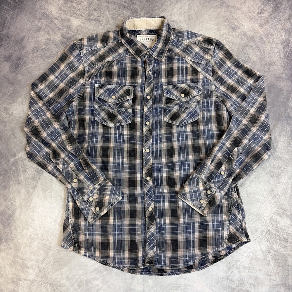 BKE Vintage Plaid Button Down Shirt Mens Small Blue Western Pearl Snap Athletic